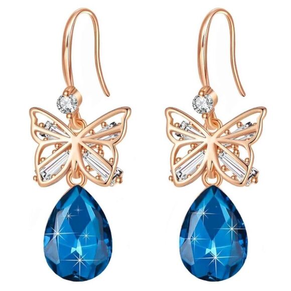 14K Rose Gold with Bermuda Blue Austrian Crystal Butterfly Teardrop Earrings
